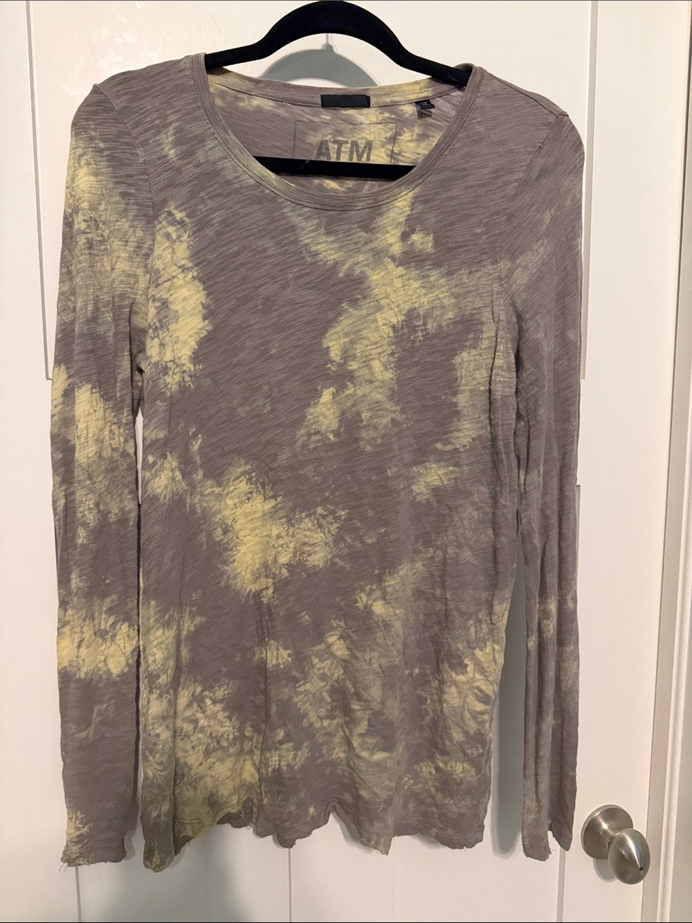 ATM Anthony Thomas Melillo Taupe Long Sleeve Tee with Yellow Tie-Dye